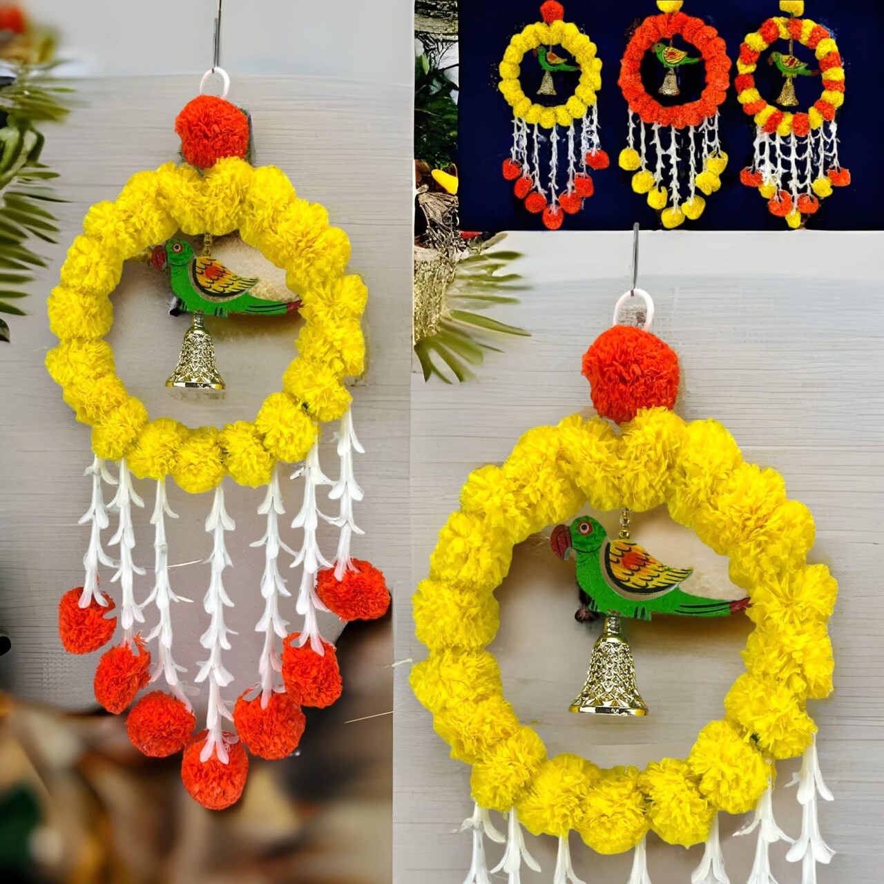 Pack of 1 Parrot Marigold Hanging Jhoomer Marigold Wall Hanging Artificial Flowers Wedding Garland Pooja Backdrop Indian Mehndi Decor Diwali Decor Latkan